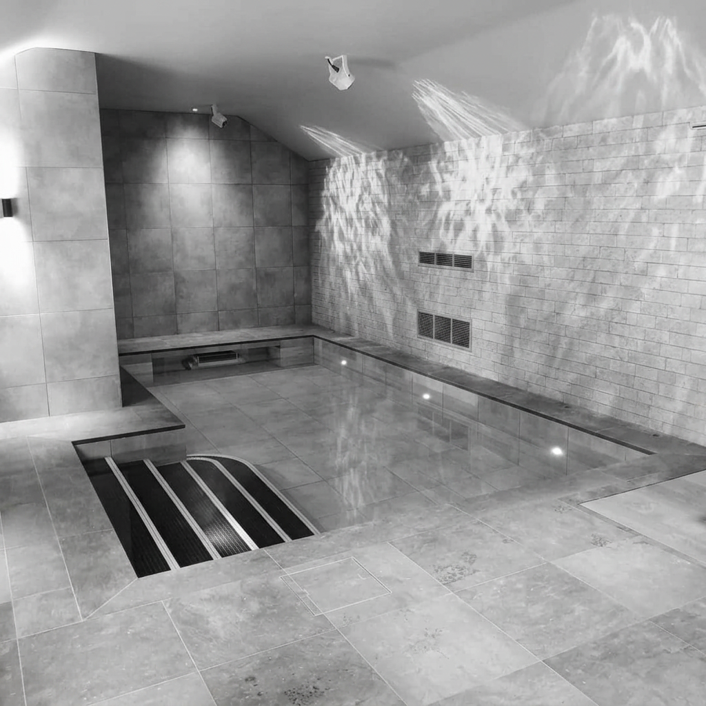 Monochrome indoor swimming pool with tiled walls, steps and stone flooring